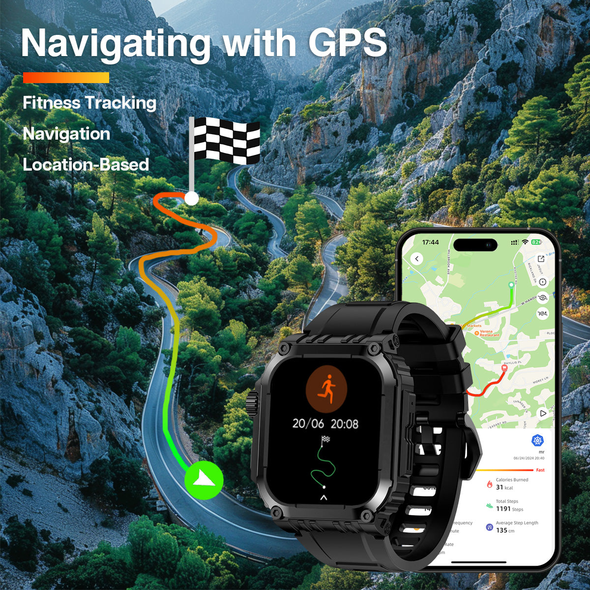 MiracoRun Military Smart Watches for Men with GPS, Rugged Smartwatch for iOS and Android Phone, 1.83-inch Touchscreen, 50 Days Long Battery Life - MiracoRun