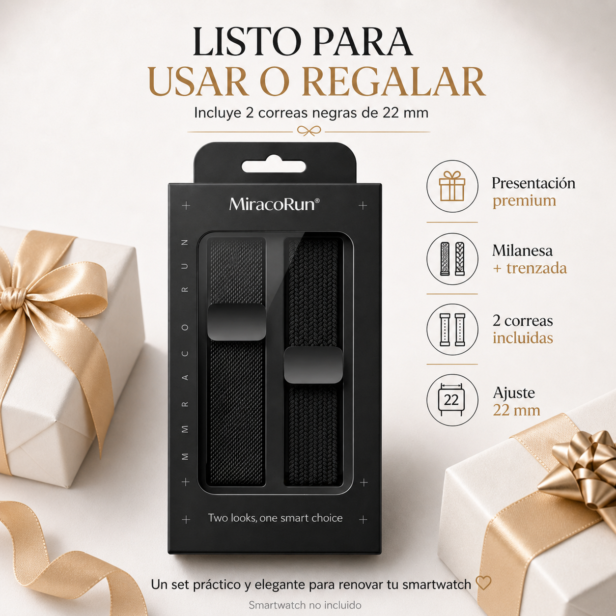 Correas Para Smartwatch Huawei Watch GT 4/3/2 46mm Y Amazfit GTR 4/3/2, 22mm, Milanesa Rosa Dorado Y Nylon Trenzado Rosa Beige, 2 Piezas MiracoRun - MiracoRun
