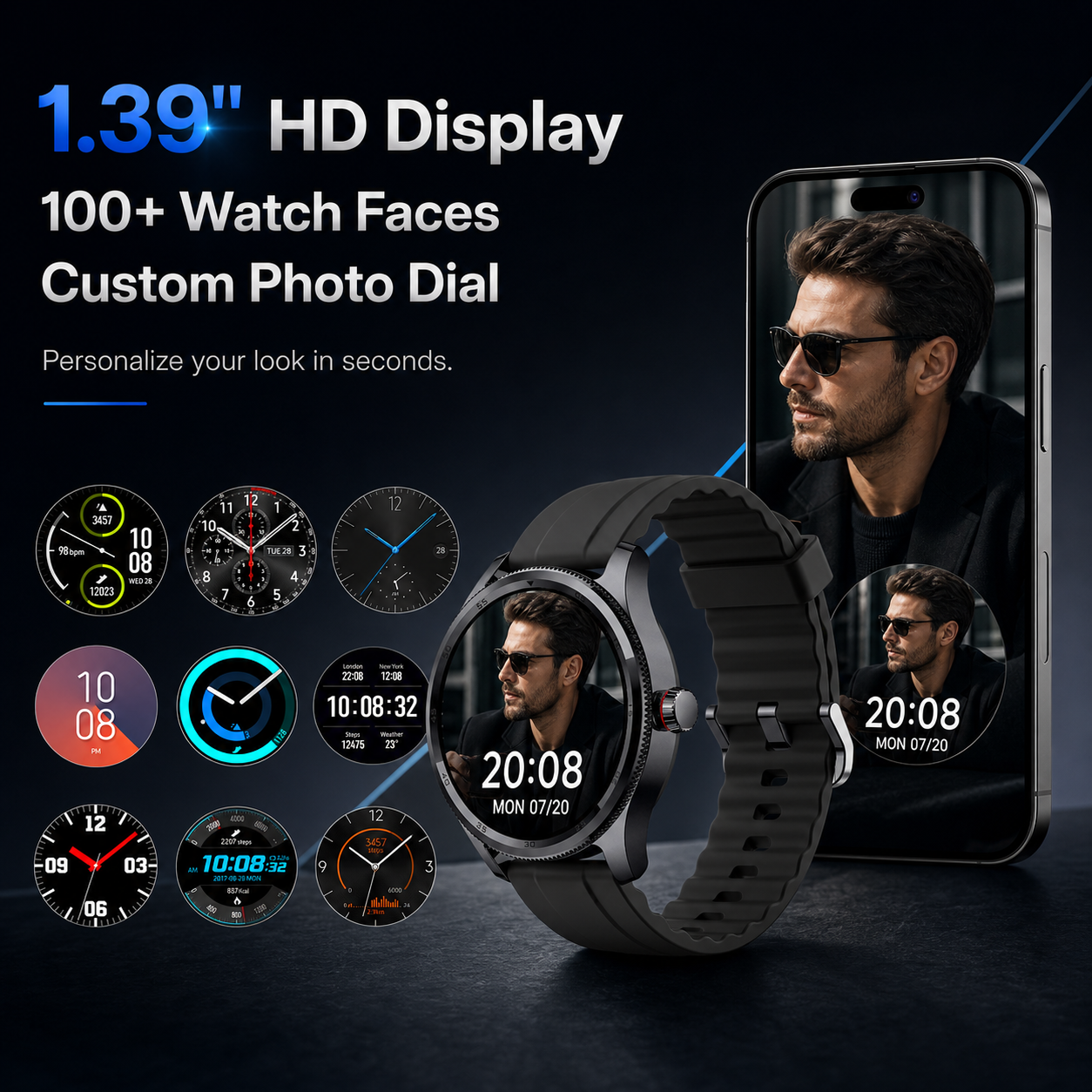 MiracoRun Smart Watch for iPhone & Android, Outdoor Fitness Watch with Bluetooth Phone Call & Texts, Alexa Built-in, 1.39" Round Touch Screen, 14 Days Battery Life - MiracoRun