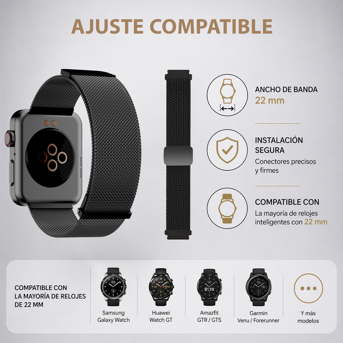 MiracoRun 22mm Smartwatch Straps 2 in 1 Milanese and Braided Elastic Compatible Universal Connector – Black - MiracoRun